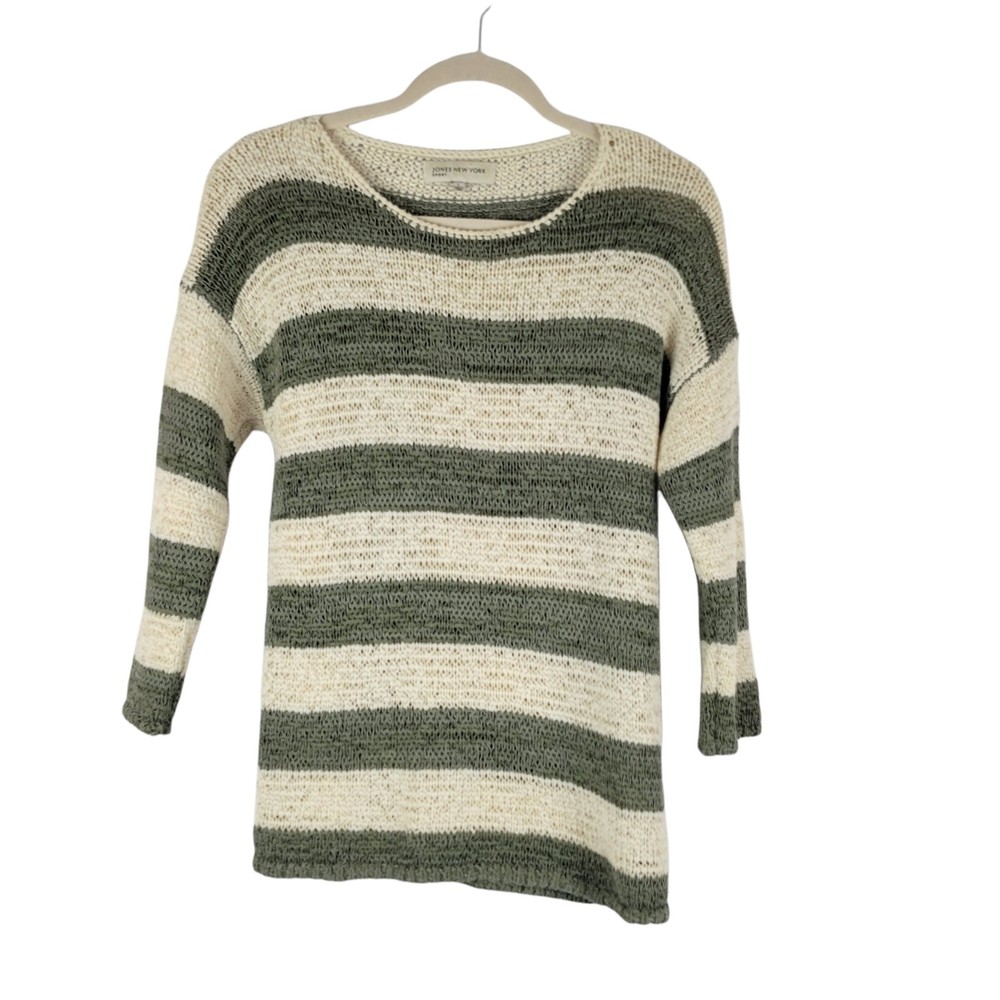 Jones New York Sport Womens Large Striped Knit Crew-Neck Sweater Top Green Ivory